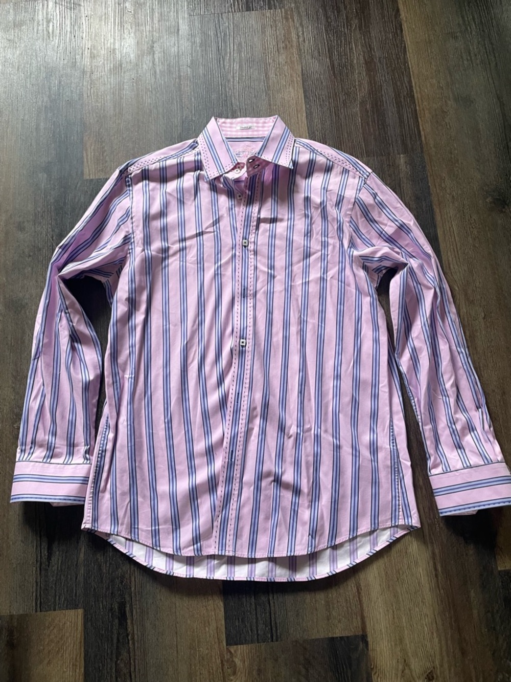 Bugatchi Pink Dress Shirt with Navy and White Stripes